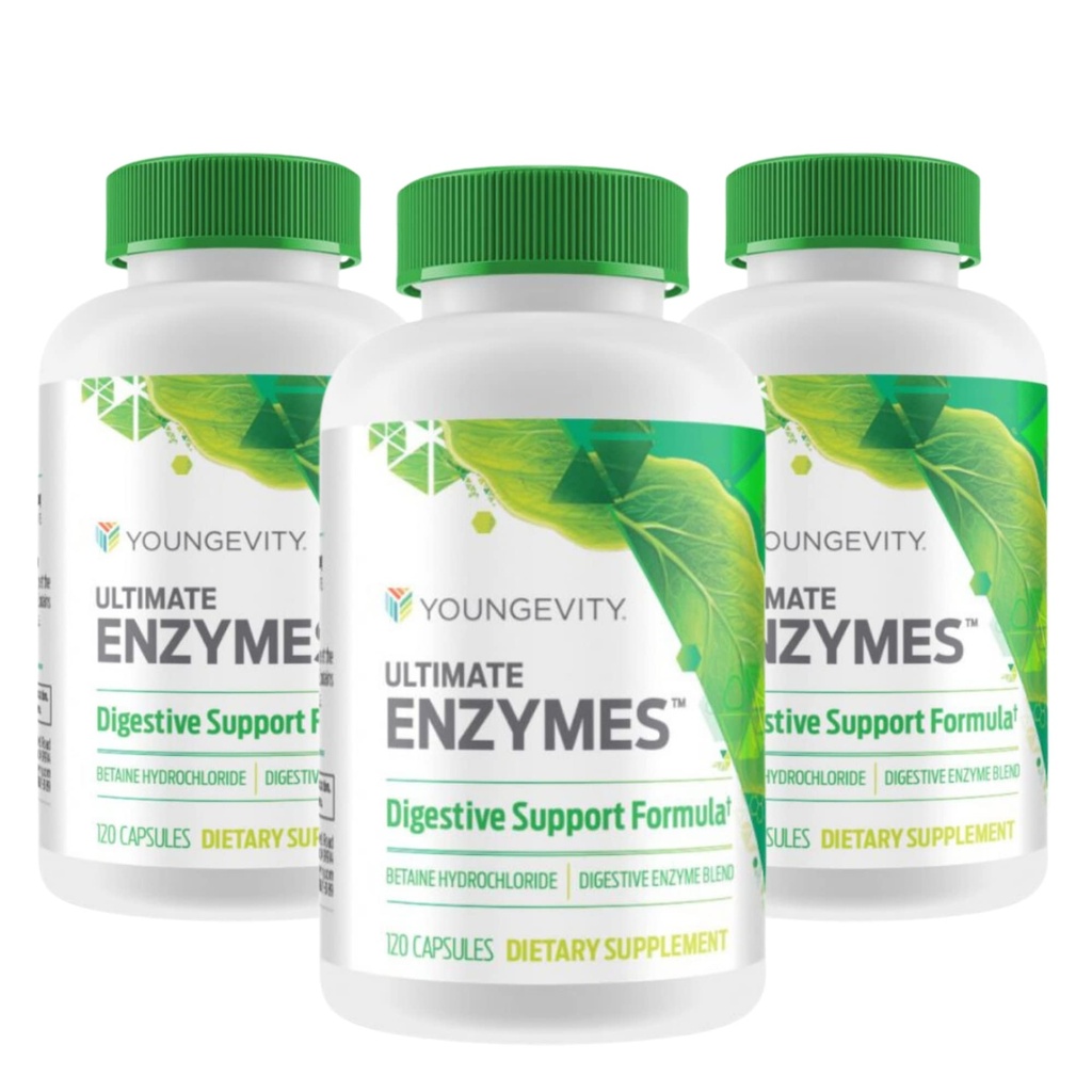 Youngevity Ultimate Enzymes Digestive Support with Betaine HCl, 3-Pack | Betaine HCl, pancreatin, bromelain, ox bile, digestive enzymes, nutrient absorption, breaks down carbs, proteins and fats