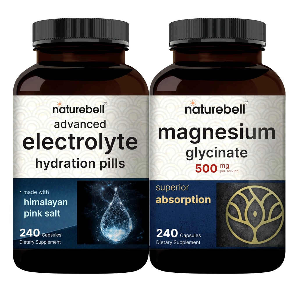 NatureBell Magnesium Glycinate Capsules 500mg & Advanced Electrolyte Hydration Pills Bundle Pack