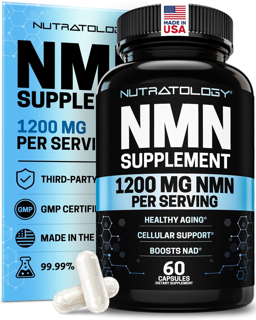 Nutratology NMN Supplement - Pure NAD+ Booster - 600mg Per Cap - 60 Caps | Pure Nicotinamide Mononucleotide | Cellular Energy, Healthy Aging | Made in USA | NMN NAD Supplements For Women & Men
