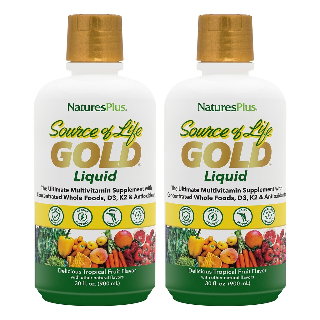 NaturesPlus Source of Life GOLD Multivitamin Liquid - 30 fl oz, Pack of 2 - Includes Vitamins D3, B12, K2 & Over 120 Whole Food Nutrients - 60 Total Servings