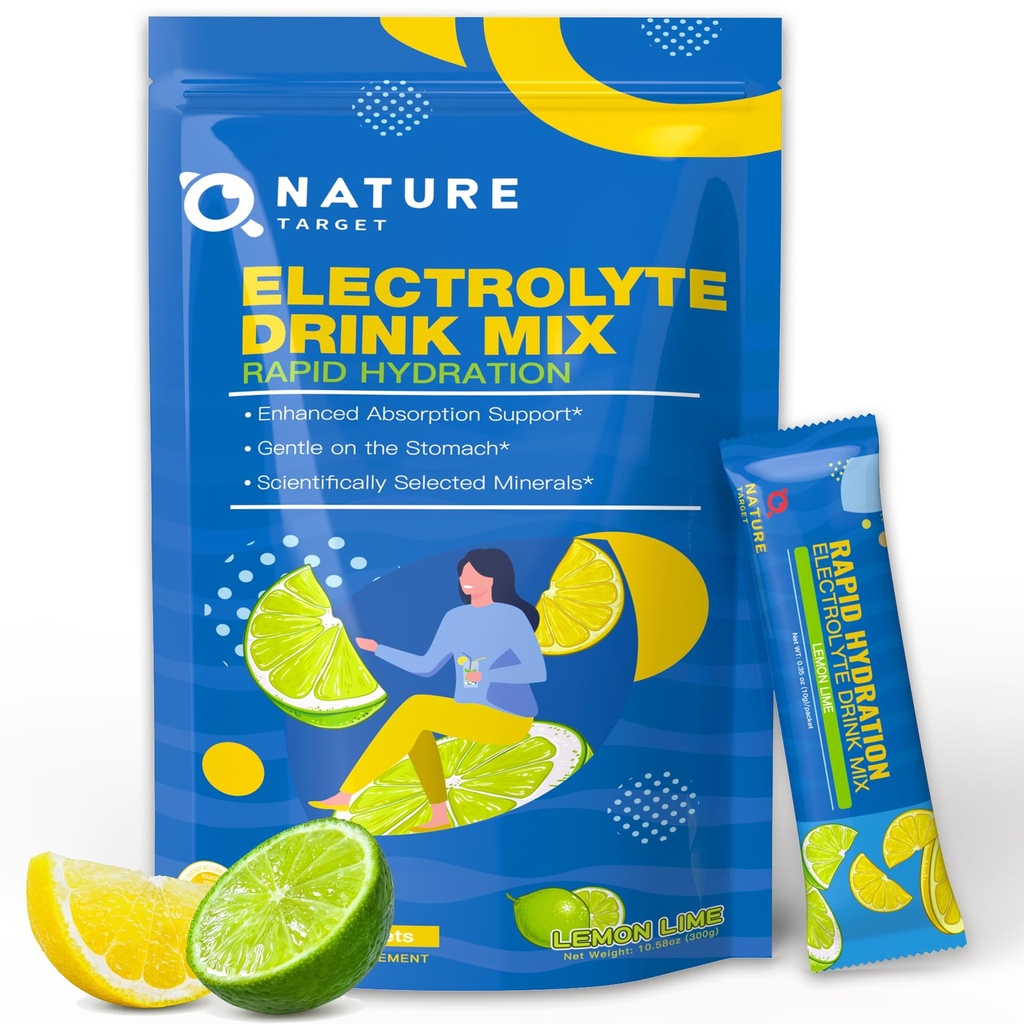 NATURE TARGET Electrolytes Powder 30 Packets Sugar Free Hydration Drink Mix | Lemon Lime Daily Essential with 5 Key Minerals for Workout, Travel, Camping, Non-GMO, Gluten Free, Vegan & Keto Friendly