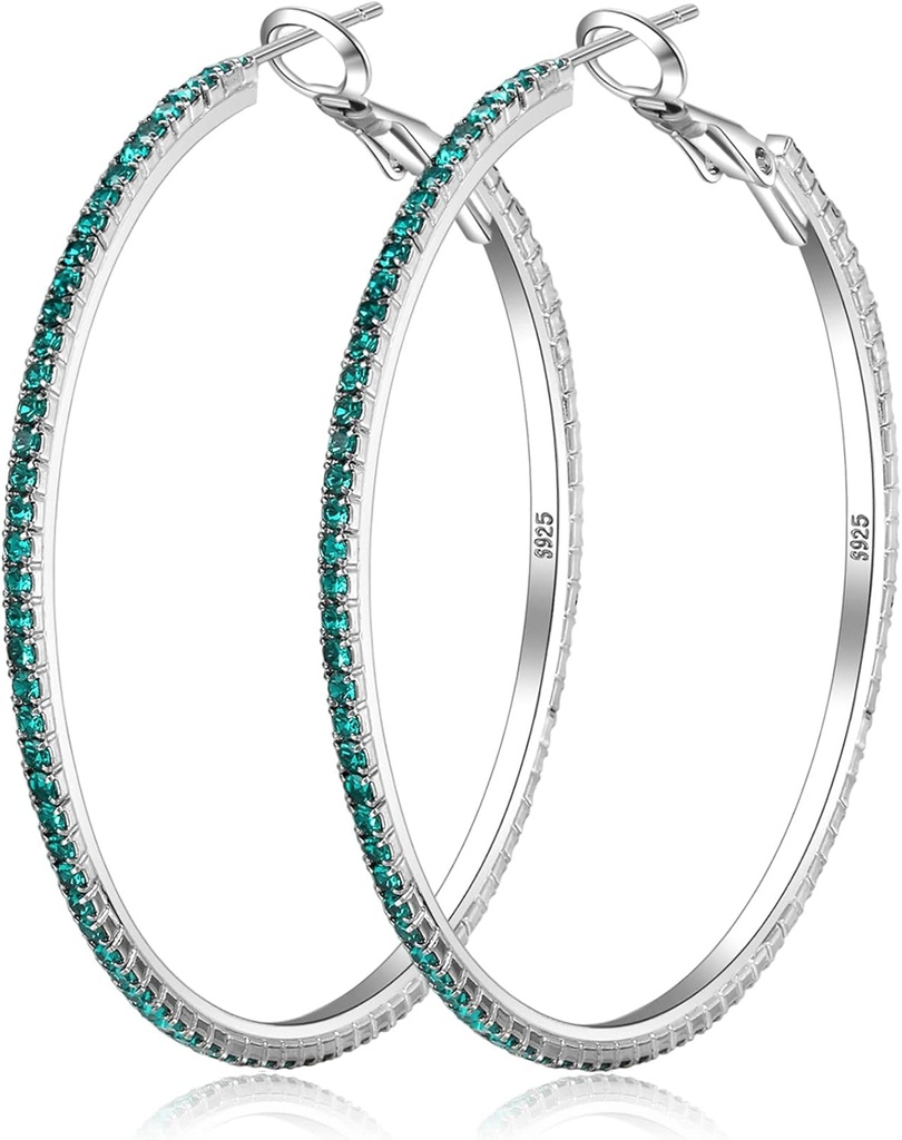 925 Boucles d'oreilles en Argent Sterling Grandes boucles d'oreilles en strass Boucles d'oreilles en strass Big Cubic Zirconia Boucles d'oreilles en strass mince Boucles d'oreilles en strass rond pour femmes 20/30/40/50/60/70mm Sparkly Hoops avec des cristaux pour les femmes