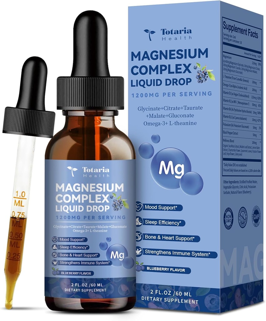 21 in 1 Magnesium Glycinate Complex Liquid Drop with Vitamin D3,K2,B6 & B12 Plus L-Theanine Omega-3 Sea Moss Extract for Energy,Sleep,Joint,Hart Health Sugar Free Blueberry Flavor,2 Fl Oz