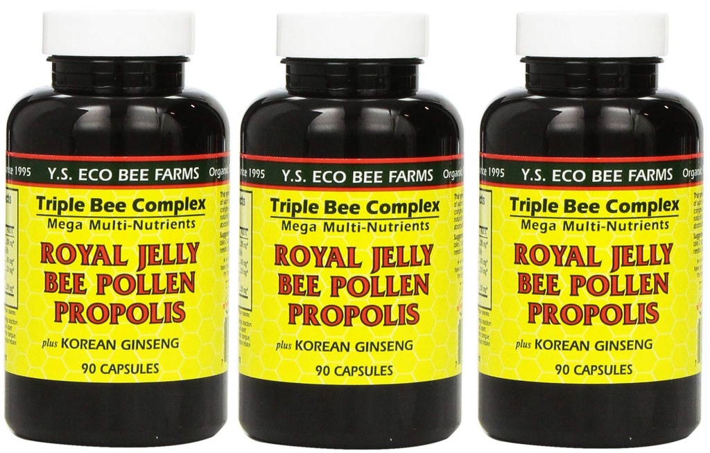Y.S. Eco Bee Farms, (3 Pack) Royal Jelly, Bee Pollen, Propolis, Plus Koreaanse Ginseng, 90 Capsules