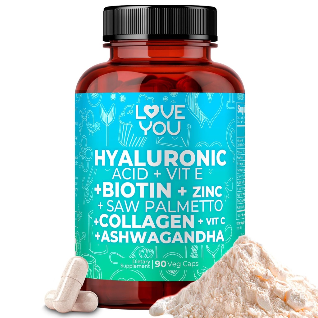 Love You Hyaluronic Acid + Collagen Complex - Beauty & Joint Support with Biotin 10,000 mcg, Zinc, Saw Palmetto & Ashwagandha - 90 Veg Capsules