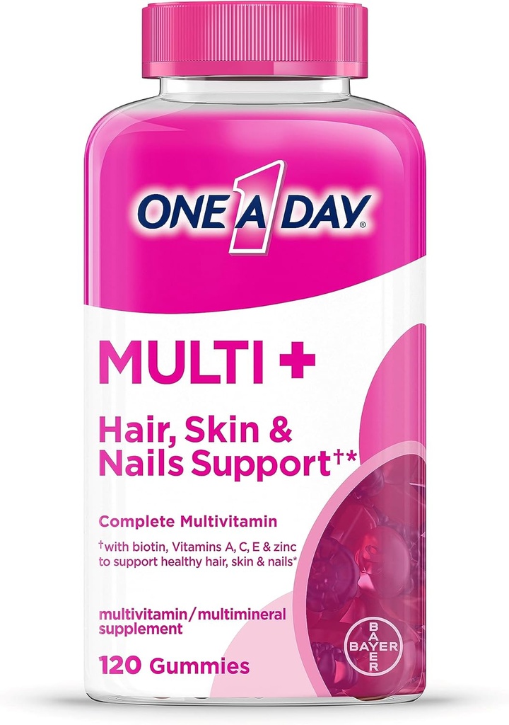ONE A DAY Multi+ Hair, Skin & Nails, Multivitamine + Boost of Support for Healthy Hair, Skin & Nails with Biotin and Vitamins A, C, E & Zink ,Gummy 120 Telling (2 maand aanbod)