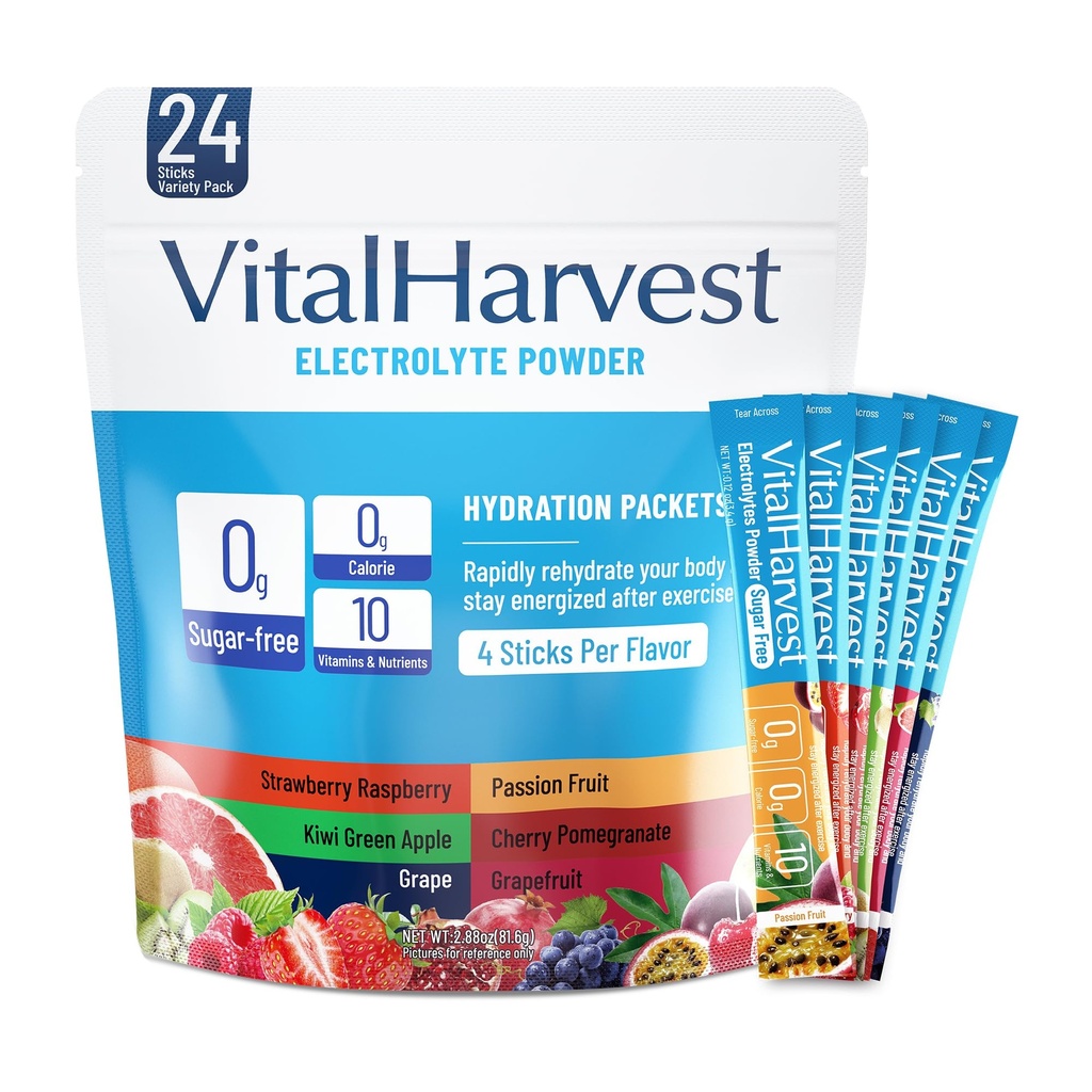 24 Sticks Electrolytes Powder Packets No Sugar Hydration Packets Electrolyte Liquid Daily IV Drink Mix with Strawberry Raspberry, Passion Fruit, Kiwi Green Apple, Cherry Pomegranate, Grape, Grapefruit