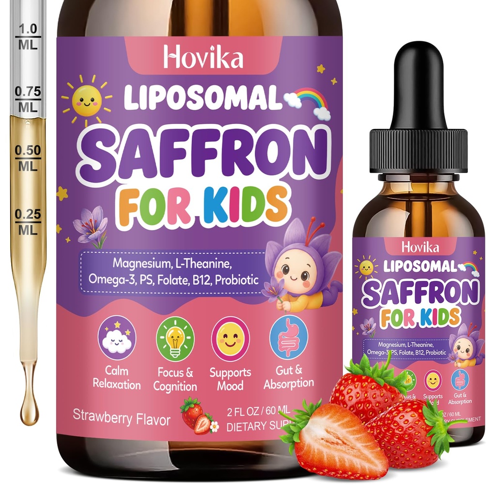 Liposomal Saffron Drops for Kids, Saffron Extract Supplements with L-Theanine, Magnesium, Omega-3 DHA, GABA, Vitamin D3 B6 B12 Probiotic for Mood, Relax, Sleep, Focus & Gut, Strawberry Flavor,2 FL OZ