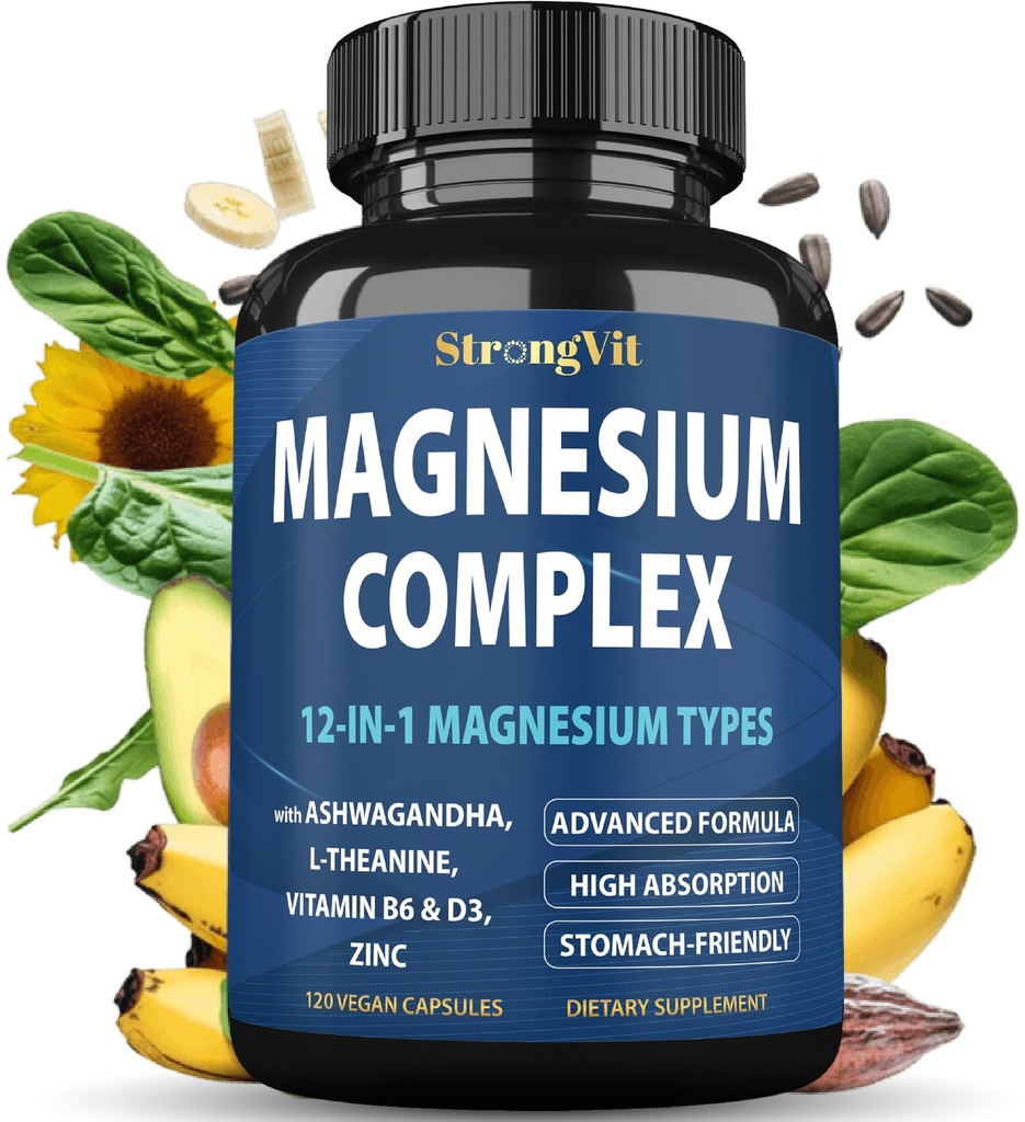 1000mg Magnesium Complex for Women and Men, 12 in 1 Magnesium Supplement with Ashwagandha, Zinc, D3, L-theanine. Easy to Swallow, High Absorption, Sleep Support & Stress Relief (120 Capsules)