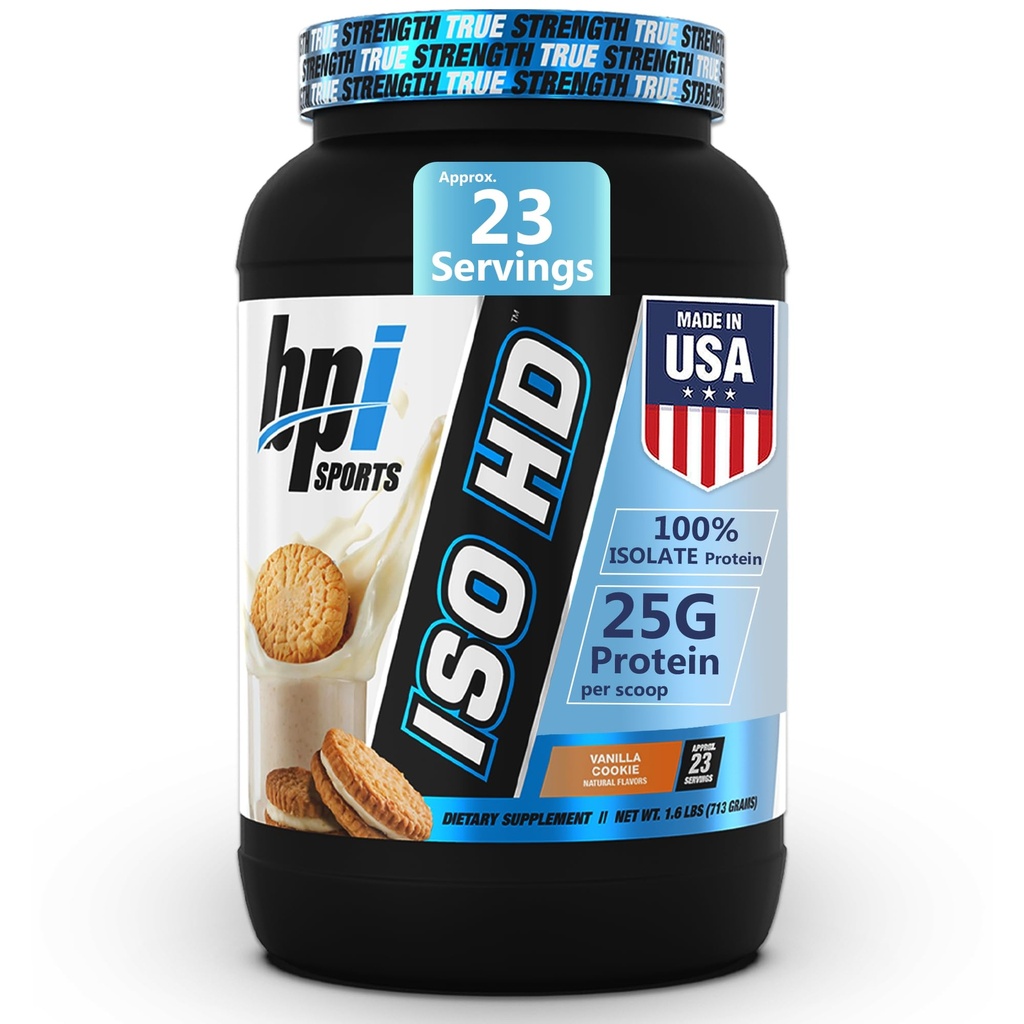 BPI Sports en poudre de protéines isolées ISO HD – 100% d'isolat de lactosérum, poudre de protéines pour le gain musculaire - Cookie Vanilla - 1,6 Lb - 23 portions