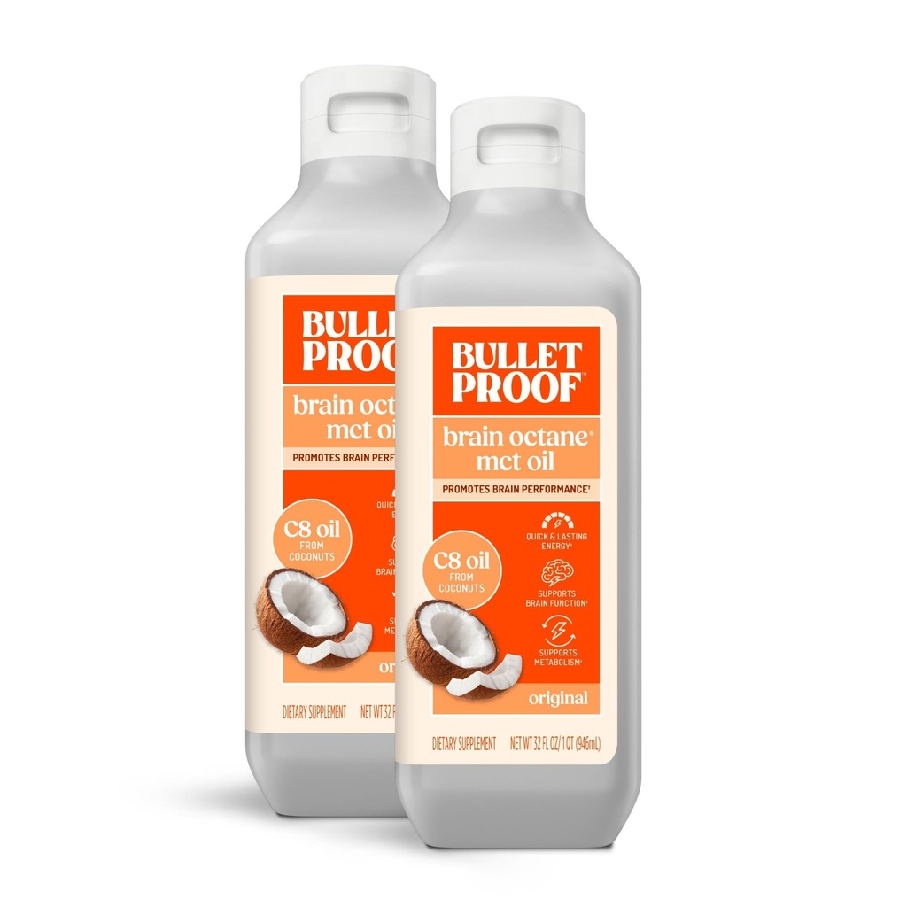 Bulletproof Brain Octane C8 MCT Oil, 32 Ounces (verpakking van 2), Keto Supplement voor duurzame energie en voedingsondersteuning, verpakking mei Vary