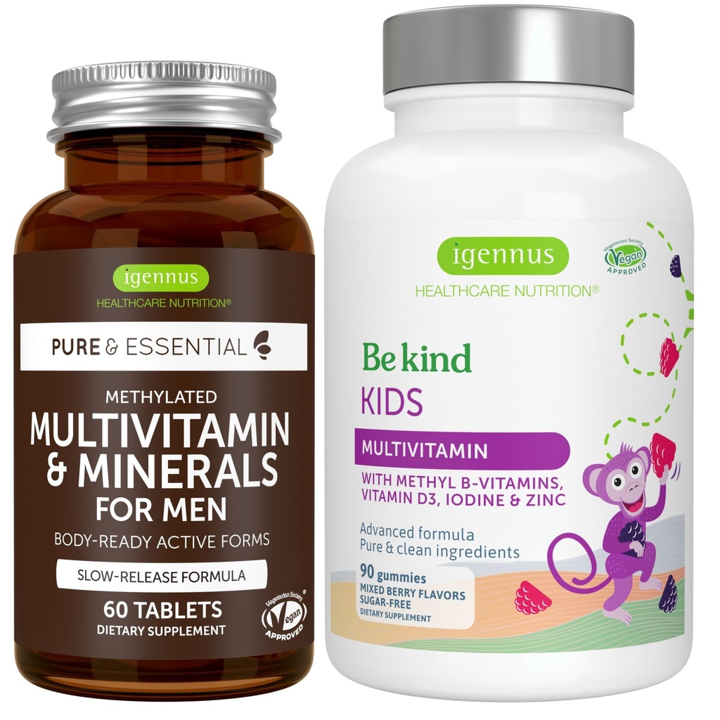 Multivitaminen & mineralen voor mannen + geavanceerde kinderen Multivitamine Gummy Vegan Bundle, met gemethyleerde B-vitaminen, vitamine A, C, D3 & E, Clean Label, 60 tabletten + 90 Berry Flavor Gummies, door Igennus