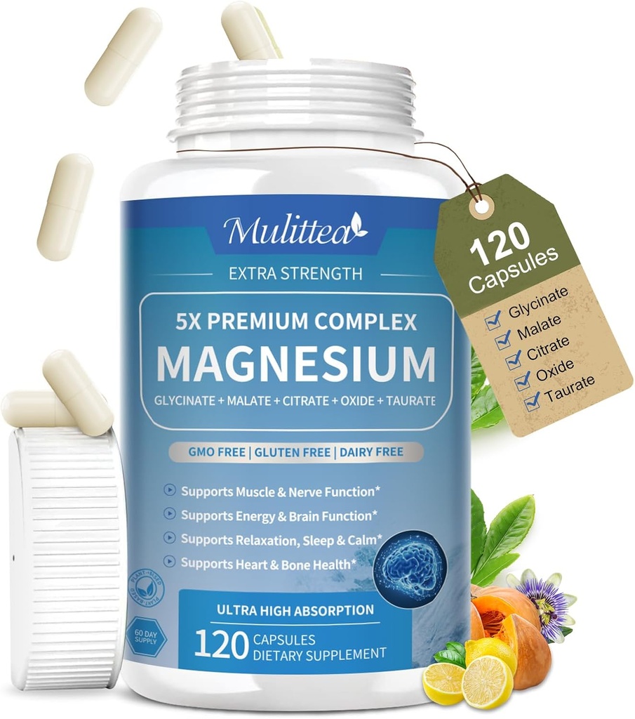 Magnesium Complex Chelated Magnesium Glycinate w/Malate, Taurate& Kruidenextracten voor ondersteuning Slaap, Spier, Cortisol & Hartgezondheid, Glutenvrij, Veganistisch, Niet GGO, Hoge Absorptie,120 Capsules