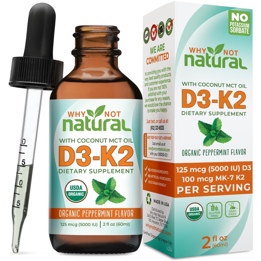 Pourquoi pas la vitamine biologique naturelle D3 K2 (MK-7) gouttes liquides, 5000 UI de D3 sublingual avec huile de noix de coco MCT, pour les os et dents forts, le coeur et le soutien immunitaire