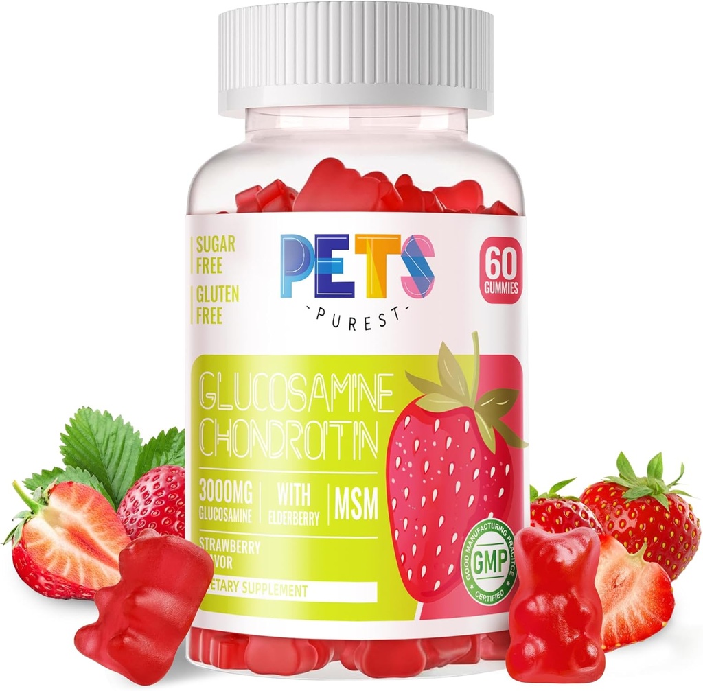 Huisdieren Zuiverste Glucosamine Chondroitin Gummies met MSM & Vlierbes Extra sterkte - Gezamenlijke ondersteuning, Antioxidant Immune Ondersteuning Supplement voor volwassenen, mannen en vrouwen. Aardbei