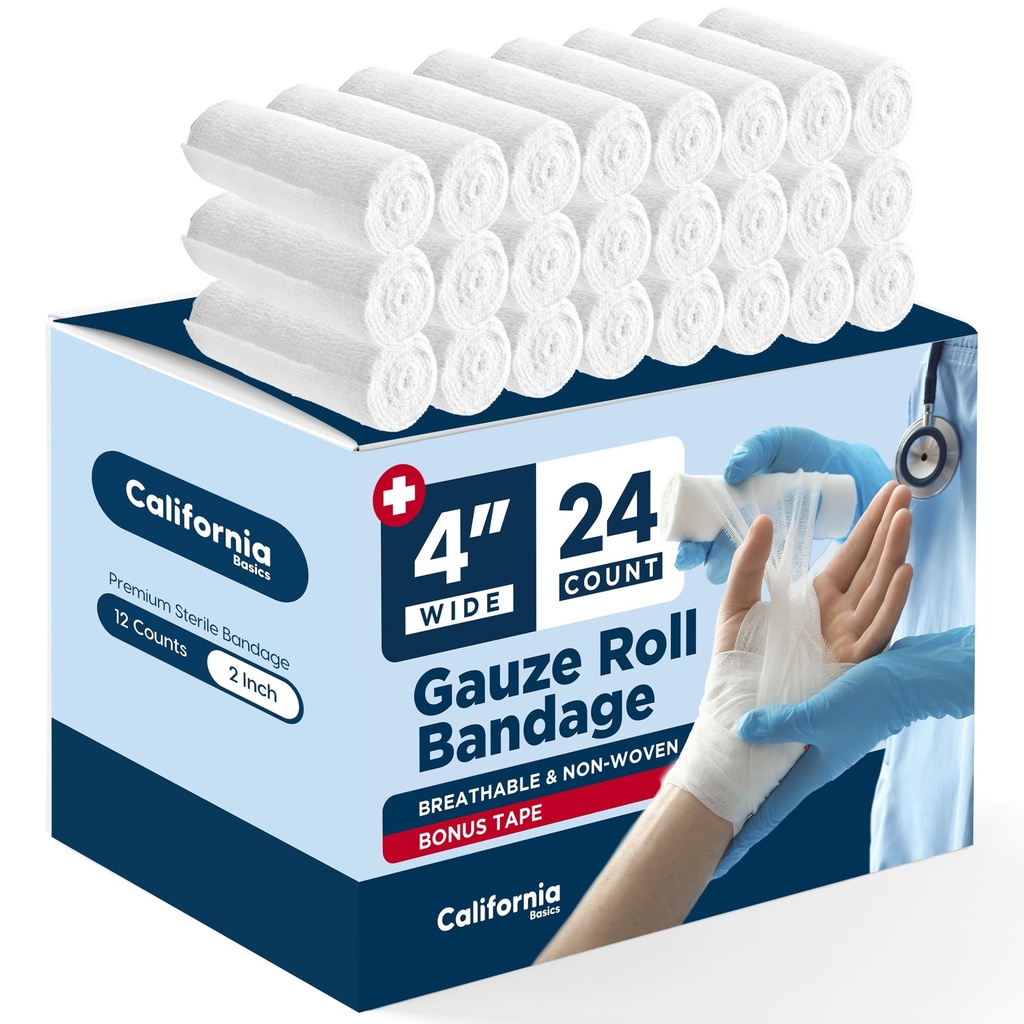 California Basics 24-Pack Gauze Bandage Roll with Tape, 4 Inches x 4 Yards - Soft, Stretchable & Breathable Wrap for Wound Care, First Aid & Medical Supplies - White