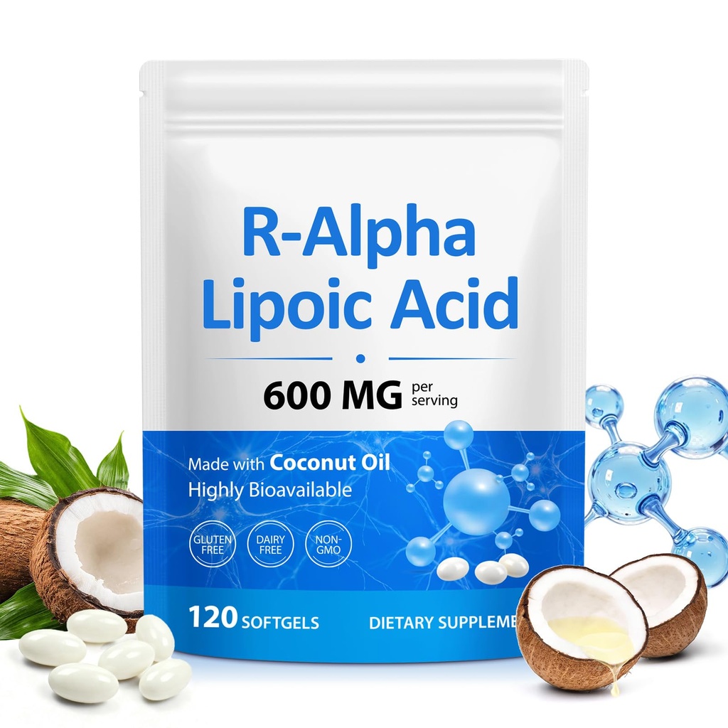 R-Alpha Lipoic Acid 600mg Softgels with Coconut Oil – High Absorption R-ALA Supplement for Cellular Energy, Metabolism & Antioxidant Support, Gluten Free, Soy Free – 120 Softgels
