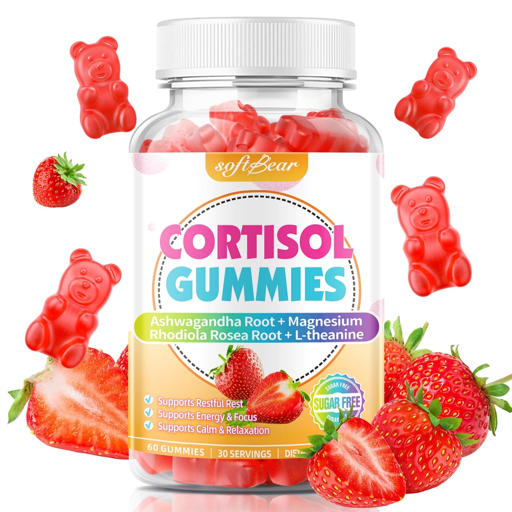 softbear Cortisol Supplements for Women & Men, Strawberry Flavor 60 Count | 6-IN 1 Cortisol Gummies with Ashwagandha Magnesium Rhodiola Rosea L-Theanine Cortisol Reducer for Calm & Focus Support