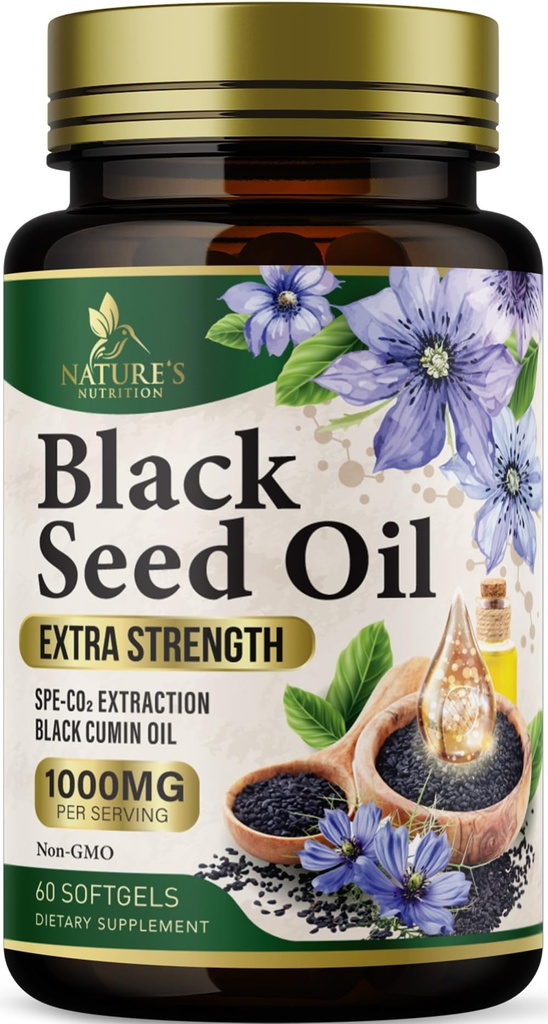 Huile de graines noires Softgels 1000mg - Premium Nigella Sativa Blackseed, Pure Natural Black Cumin Seed Oil & Antioxydant pour la peau et l'immunité Support - Non OGM, mis en bouteille aux États-Unis Supplément - 60 Softgels