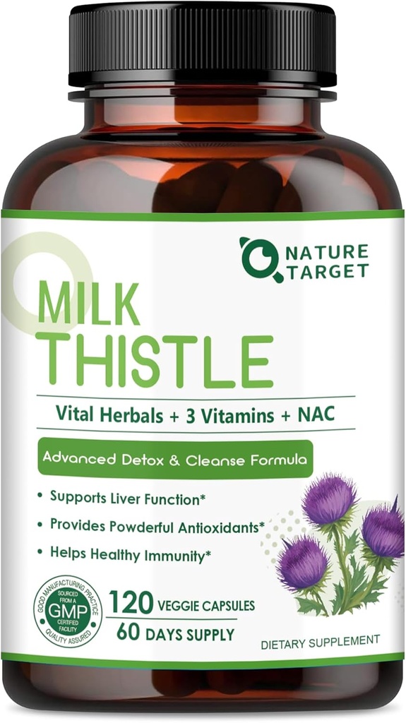 NATURE TARGET Milk Thistle Supplement for Liver Cleanse Detox & Repair, Support Supplement with 350mg of 30:1 Milk Thistle Extract Equivalent aan 10500mg, 120 Veggie Capsules(60 Days Supply)