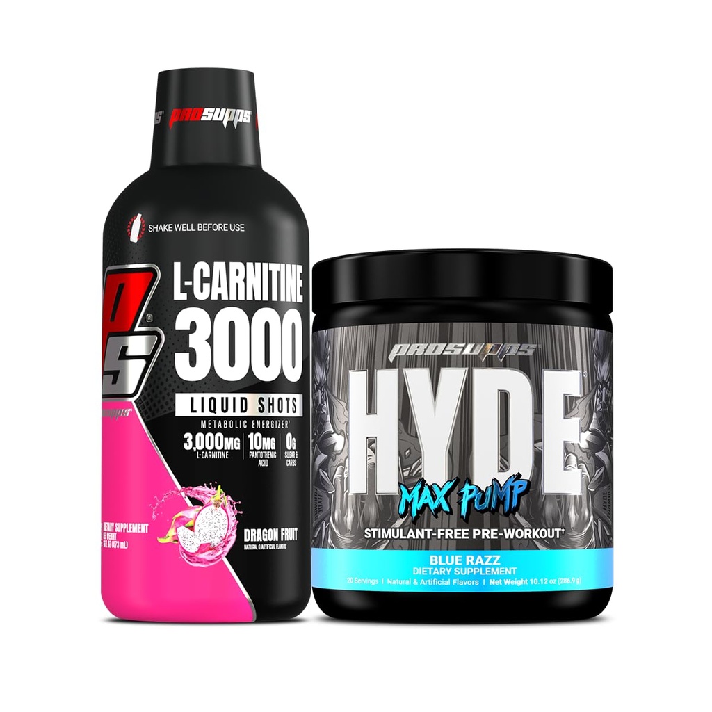PROSUPPS L-Carnitine 3000 Stimulant Free Liquid Shots (31 Servings, Dragon Fruit) en Hyde Max Pump Pre-workout voor mannen en vrouwen (20 Servings, Blue Razz) Bundel