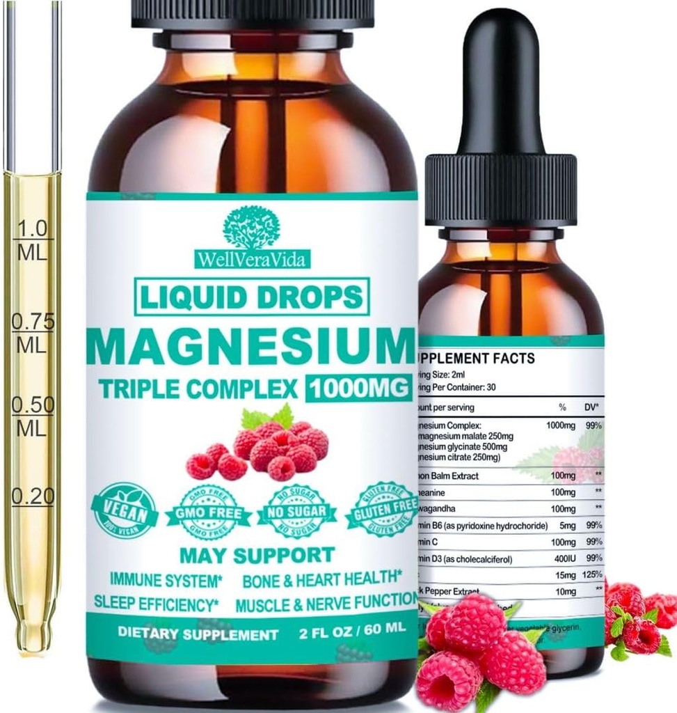Triple Magnesium Complex, 500mg of Magnesium Glycinate, Citrate & Malate w. Vitamin D3 K2, Chelated Forms High Absorption, Liquid Magnesium Complex w/B6 Zinc for Bone, Sleep, Heart, Energy Nerve