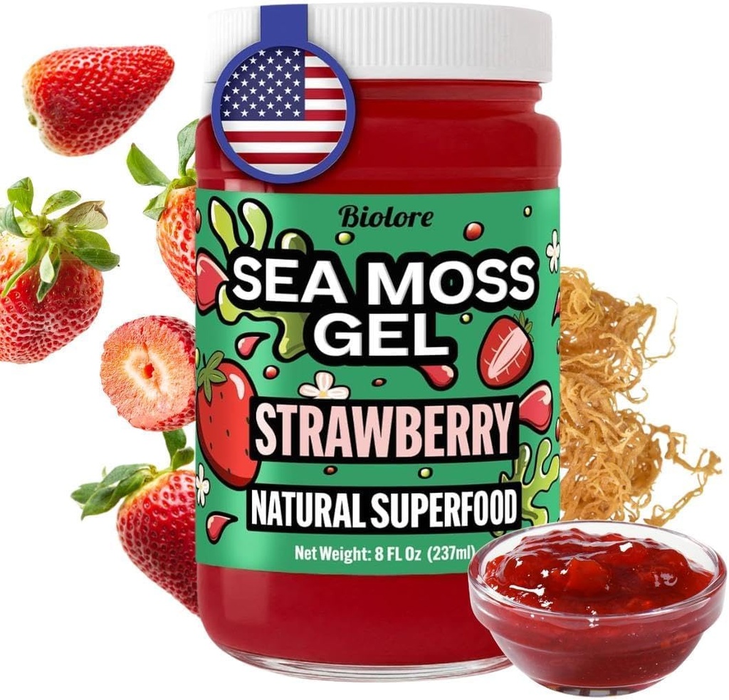 Biolore Strawberry Sea Moss Gel Made in USA Raw Wildcrafted Irish Seamoss, Essential Vitamines, Trace Minerals, Vegan Superfood, Trial Size 8 Fl Oz (Pack of 1)