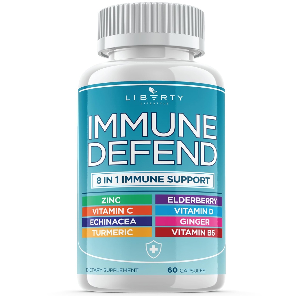 8 in 1 Immune Defense Support, Immunity Capsules Supplement met Echinacea Zink 50mg, Vitamine C, D3 5000 IE, Turmeric Curcumin & Gember, Echinacea - voor kinderen Volwassenen (1 Pack)