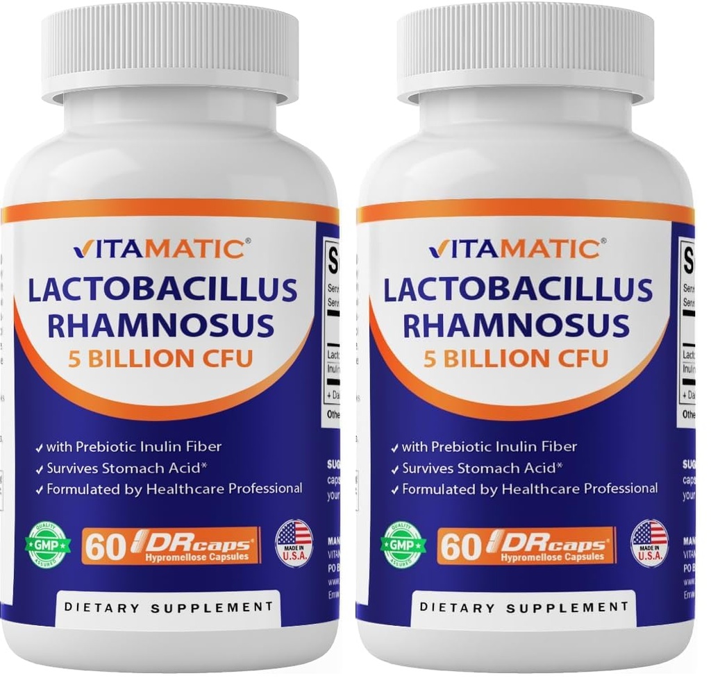 Vitamatic Lactobacillus Rhamnosus 5 Billion per DR Capsule (10 Billion Per 2 Capsules) - 60 Count - Advanced Digestive & Immune Support - Made with Prebiotic Inulin Fiber (Pack of 2)