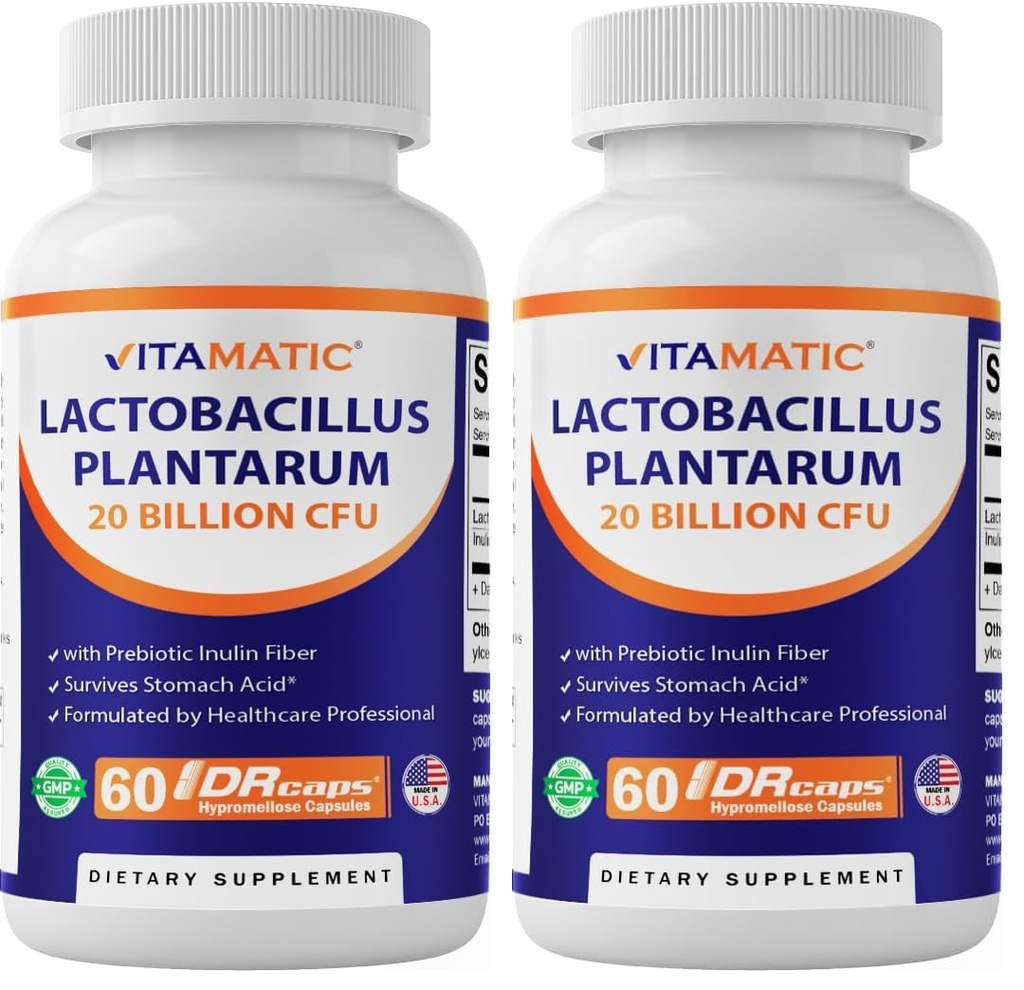 Vitamatic Lactobacillus Plantarum - 20 Billion per DR Capsule - 60 Count - Digestive Support - Made with Prebiotic Inulin Fiber (Pack of 2)