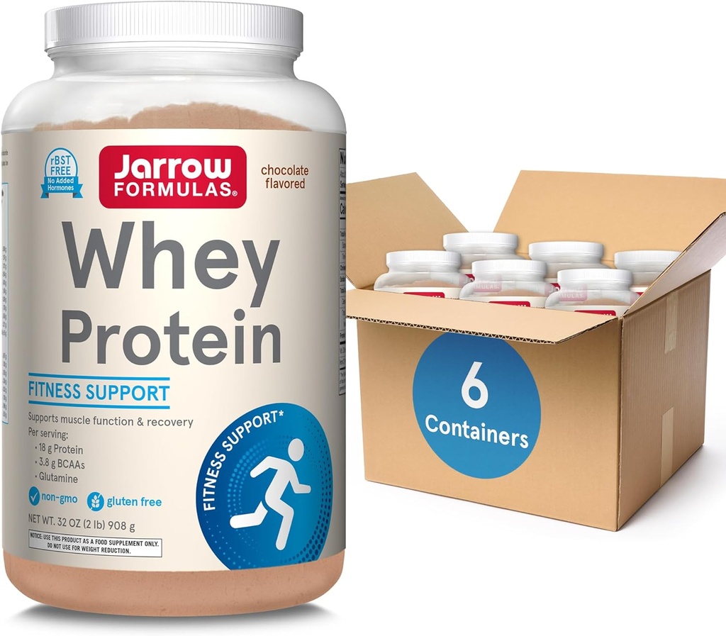 Jarrow Formulas Wei Proteïne Met 18g eiwit, 3,8g BCAA's,& Glutamine, Dieetsupplement voor spierfunctie en herstel Ondersteuning, 32oz Chocolade Gearomatiseerd Poeder, Ca. 35 dagen Levering, Verpakking van 6