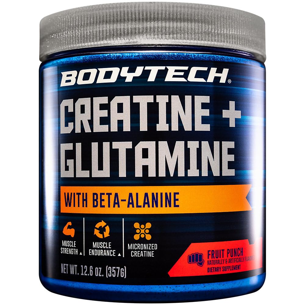 BodyTech 100% Pure Creatine and Glutamine Fruit Punch Flavor, Powder Supports Muscle Strength, Endurance & Recovery Easy-to-Mix Workout Supplement (12.6 oz./31 Servings)
