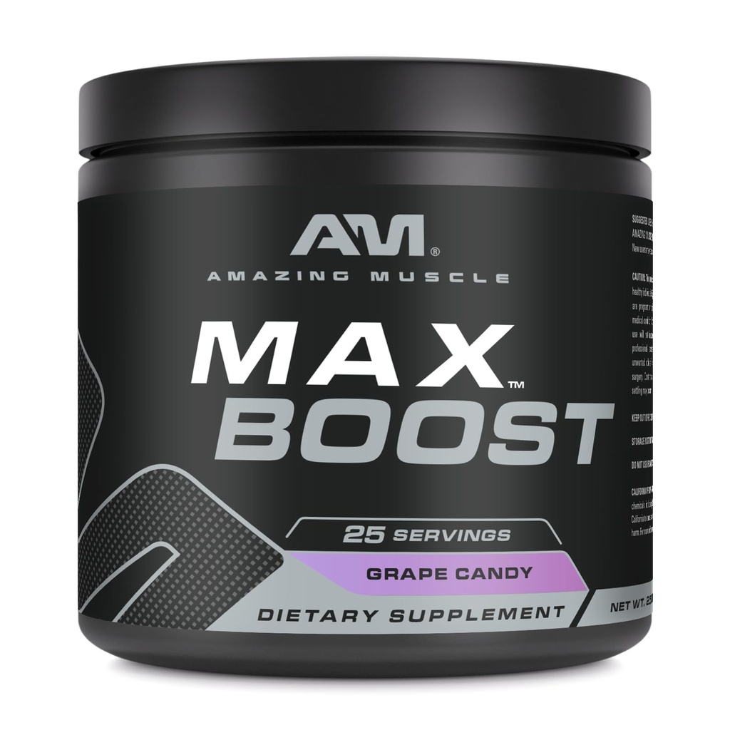 Amazing Muscle Max Boost | 25 Servings | Intense Pre-Workout Supplement for Men & Women | Contains Creatine Monohydrate, Caffeine, Beta-Alanine, Betaine (25 Servings, Grape Candy)