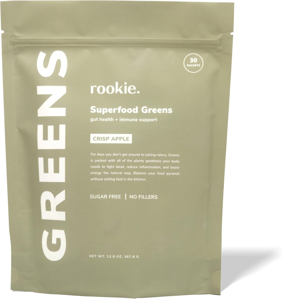 Rookie Wellness Greens + Superfoods - Groenen Superfoods Powder Drink Made with Whole Food Sourced Ingrediënten Bevat Vitaminen, Probiotica, Antioxidanten en Baobab Fiber (30 Servings, Crisp Apple)