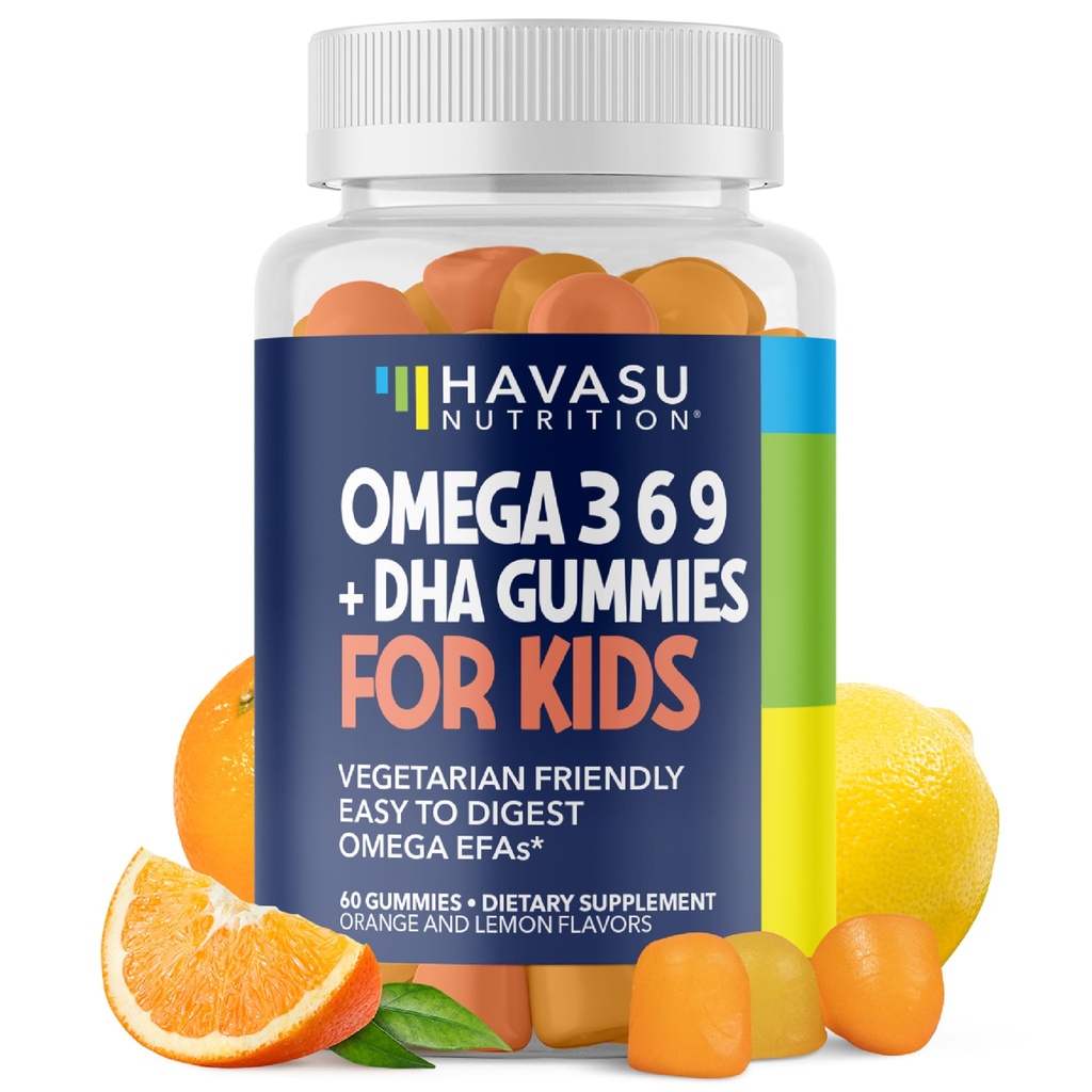 Omega 3 6 9 + DHA Gummies for Kids - Vegetarische, plantaardige visolie met DHA en EPA voor kinderen 2+ ter ondersteuning van lichaam en hersenen ontwikkeling - No Fishy smaak - Citroen en sinaasappel smaken - 60 Tel.