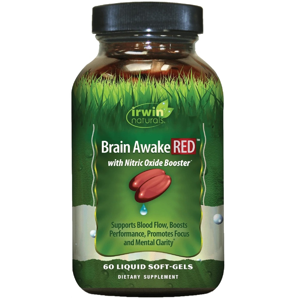 Irwin Naturals Brain Awake RED with Nitric Oxidation Booster - 60 Liquid Soft-Gel - Support Brain Health & Optimize Performance - 20 Total Servings