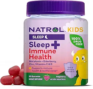 Natrol Kids Sleep+ Immune Health Gummies met Melatonine, Zink, Vitamine C en D, Vlierbessen, 50 Raspberry Flavored Melatonine en Immune Health Gummies, 50 dagen levering