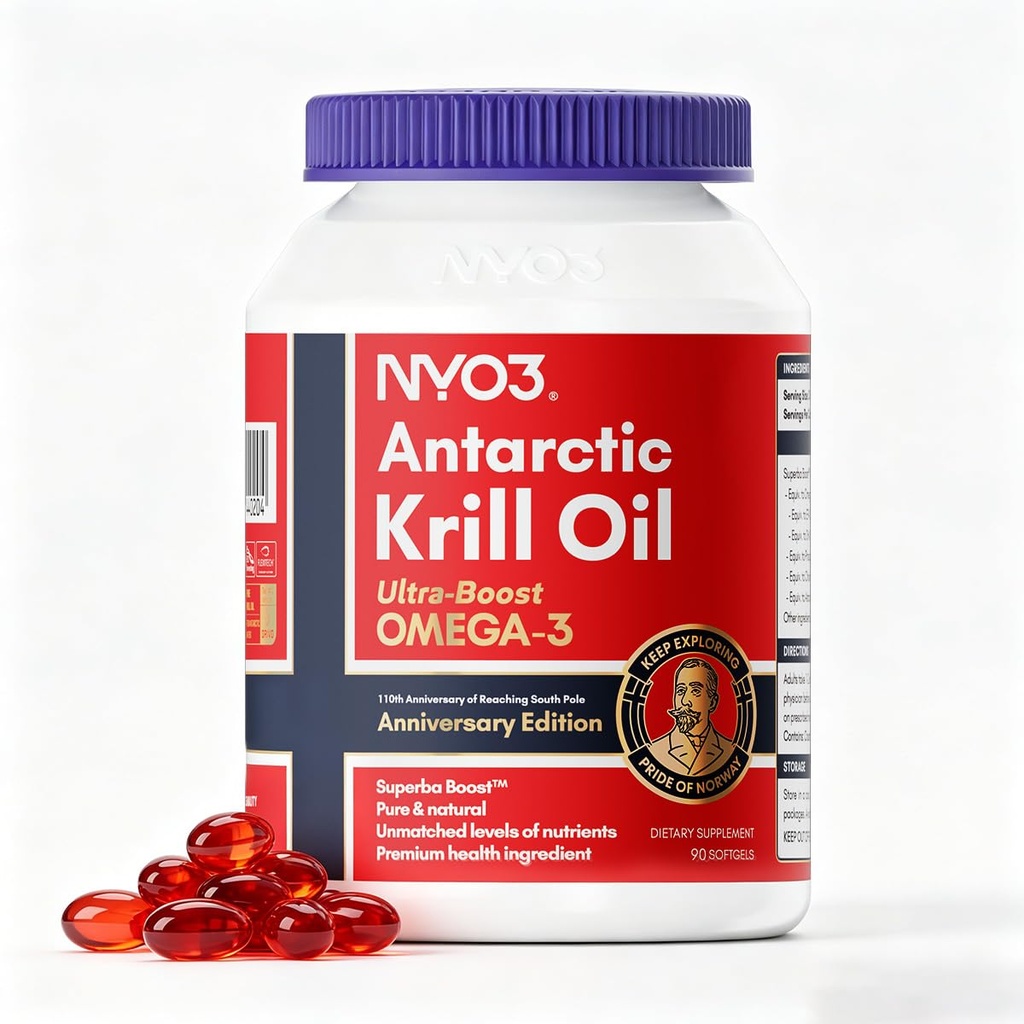 NYO3 Krill Oil Omega 3 Supplement 1000mg 90 Softgels EPA & DHA, Pure Antarctische Krillolie met astaxanthine en 56% Fosfolipiden Laboratorium getest