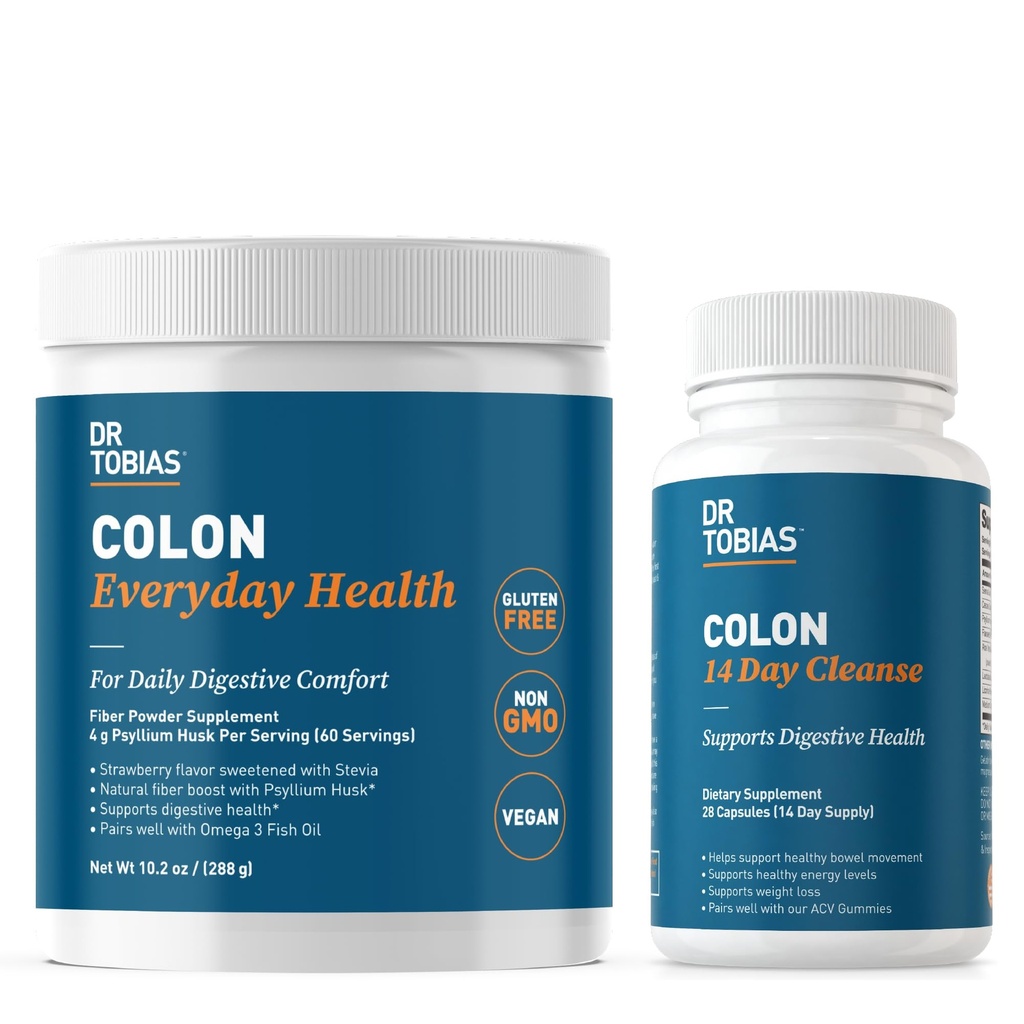 Dr. Tobias Colon 14 dagen Reiniging en Colon Dagelijkse Gezondheid, Geavanceerde Gut Cleanse Detox & Dagelijkse Digestieve Ondersteuning met Psyllium Husk Fiber Powder, Digestieve Wellness Bundle, Non-GMO