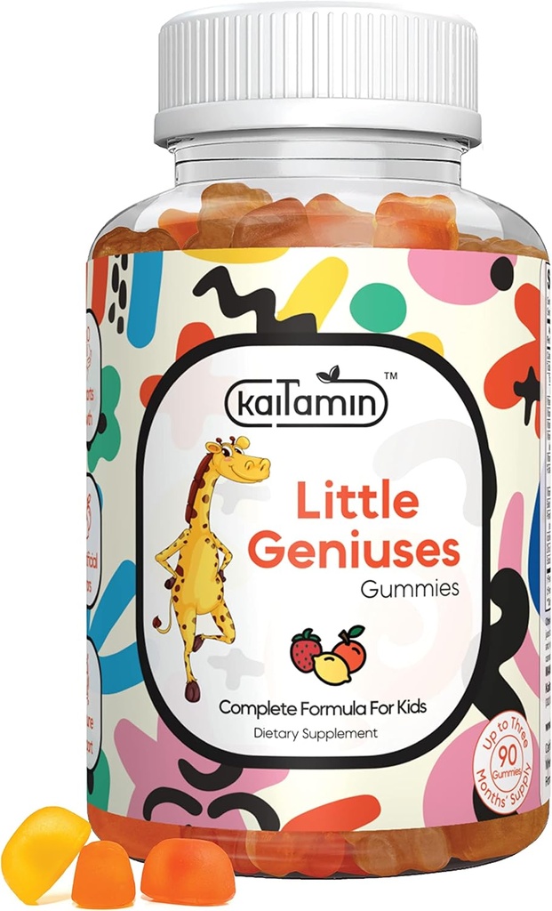 Kinderen Multivitamine Gummies Kleine genieën: Vitaminen C, D3, Zink, Folaat, voor Immuniteit, Intelligentie, Focus en Groei. Veganistisch, niet-GMO, biologisch, Glutenvrij