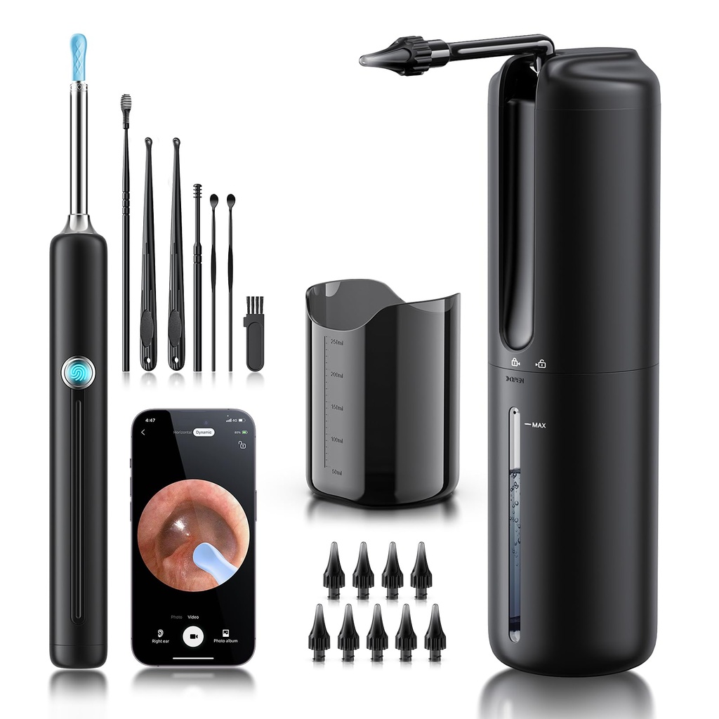 Ear Wax Removal - Elektrische oor besproeiing Flushing System met 4 drukmodi, oorreiniger met camera, 1080P Otoscope, oor reiniging gereedschap met 7 stuks oor set, veilig en effectief Earwax Removal Kit