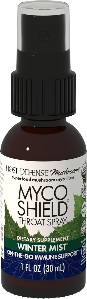 Host Defense MycoShield Throat Spray - Immune Health Support - Dietary Mushroom Supplement with Chaga, Reishi, Turkey Tail & More - On-The-Go Immune Support - Winter Mist, 1 fl oz (71 Servings) *