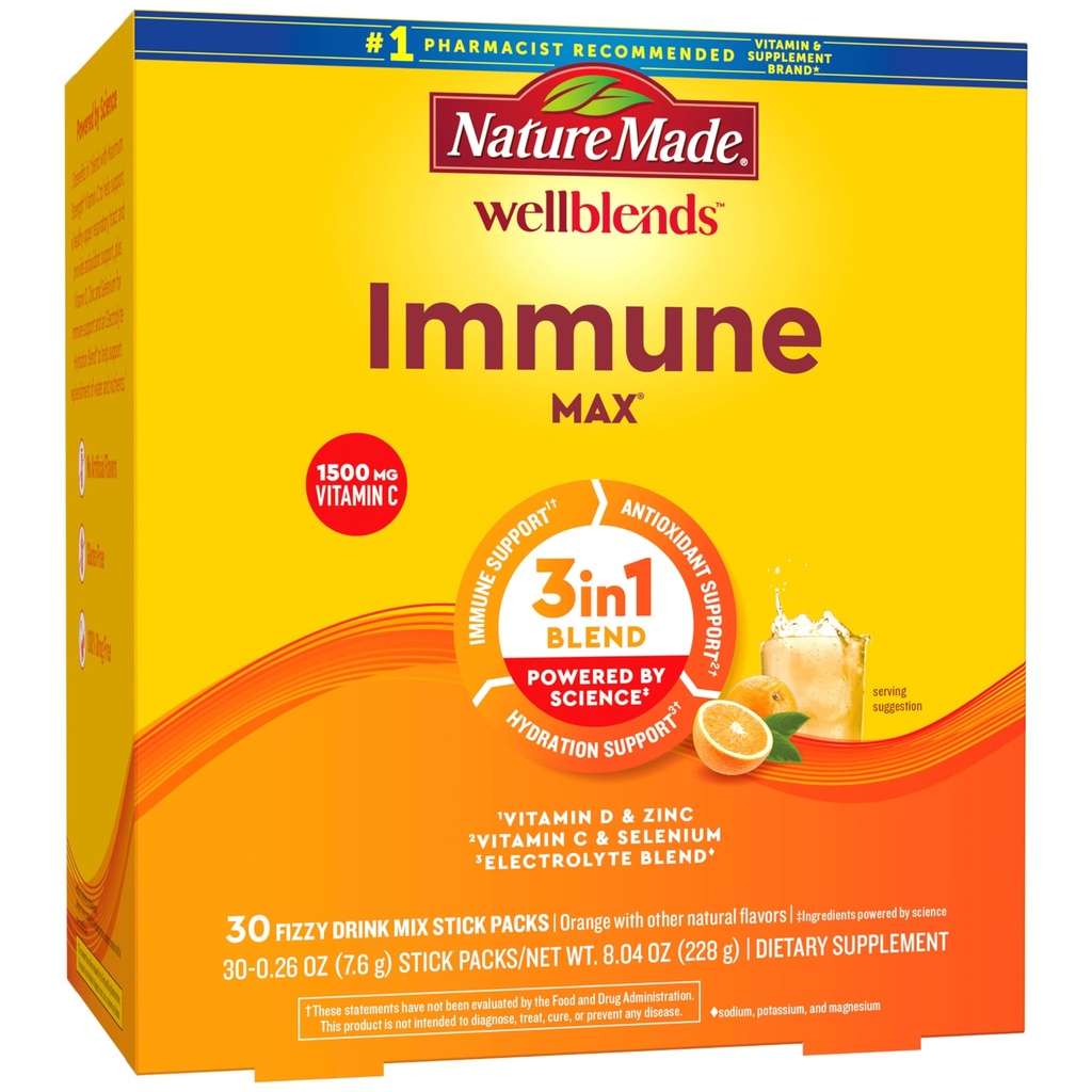 Nature Made Wellblends ImmuneMAX Fizzy Drink Mix, Vitamine C 1500mg, Zink 15 mg, Vitamine D3 1000 IE (25 mcg), plus B Vitaminen en Elektrolyten Hydration Blend, 30 Stick Packs