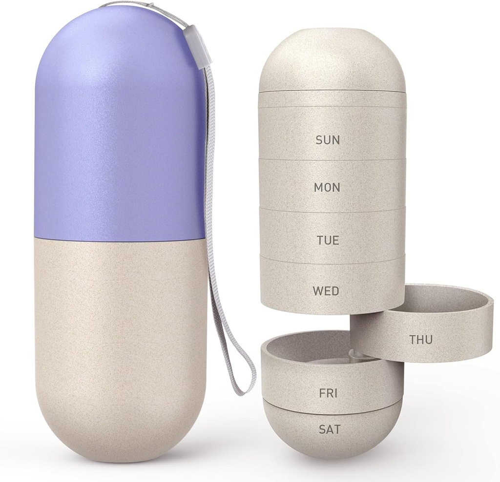 Zannaki Modernisation Grand Compartiment Fibre de Grain Moisture Proof Cute Weekly Pill Organizer, Laser Carving Markings, BPA Voyage libre Randonnée 7 jours Pill Box Case pour tenir les pilules, les vitamines, l'huile de poisson, suppléments