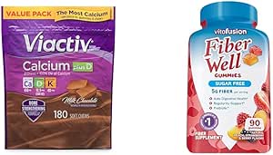 Viactiv Calcium Plus Vitamine D Supplement Zachte Kauwen, Bruin, Melkchocolade, 180 Tel en Vitafusion Fiber Well Sugar Free Fiber Supplement, Peach, Aardbei en BlackBerry smaak