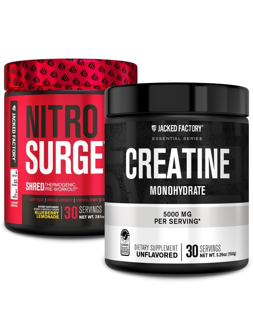 Jacked Factory NITROSURGE Shred Pre Workout Supplement (Blueberry Lemonade, 30 porties) & Createine Monohydraat Poeder (Unflavored, 30 porties)