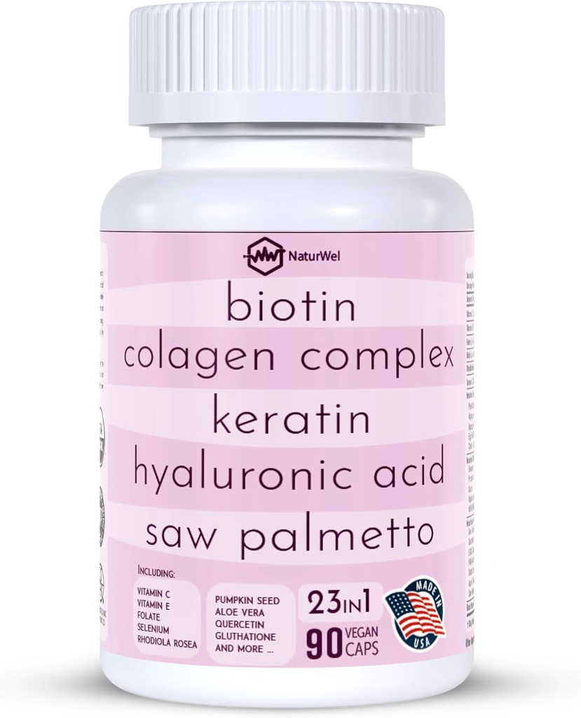 Collageen 1000mg Rhodiola Rosea 2500mg Biotin 10.000mcg, Hyaluronzuur, DHT Blocker, Vitamine C & E, Foliumzuur, Aloë Vera, Quercetin, Green Tea, Keratine, MSM - 90 Tellen (Pack of 1))