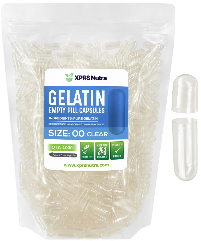 XPRS Nutra Size 00 Capsules vides - 1000 Capsules de gélatine vides de compte - Remplissage de la gélule de bricolage - Bouchons de gel de pilule rempliss pour compléments Do-It-Youlf (Clear)