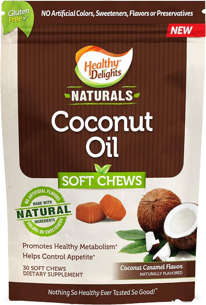 Délices sains naturels, huile de noix de coco Mâches douces, favorise le métabolisme sain, aide à contrôler l'appétit, délicieuse saveur de caramel de noix de coco, 30 comte