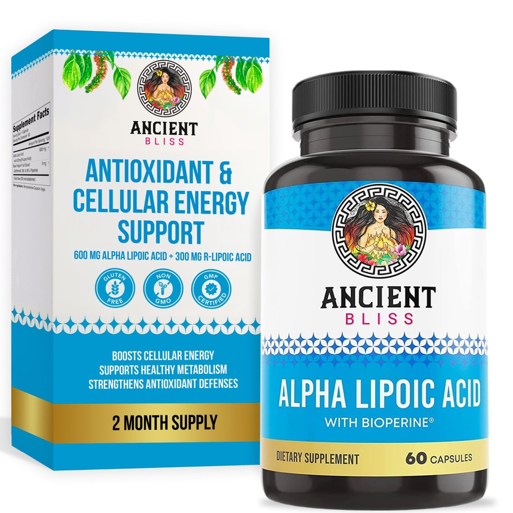 Ancien supplément acide alpha lipoïque, antioxydant et soutien énergétique, supplément ALA avec biopérine, sans gluten et soja, 600mg par portion, 60 capsules végétaliennes